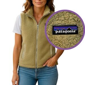 Patagonia Los Gatos Zip Up Fleece Vest Womens M Khaki Outdoor Slow Fashion Fuzzy